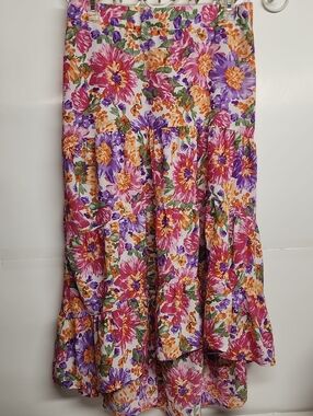 Simple Fun Pink, Purple & Orange High-Low Floral Tiered Skirt Size L GARDENCORE